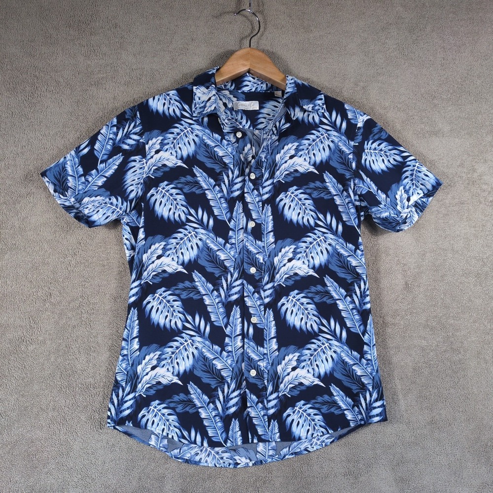 Cotton & Co Hawaiian Shirt Mens Small Blue White Tropical Leaf Print Resort Wear